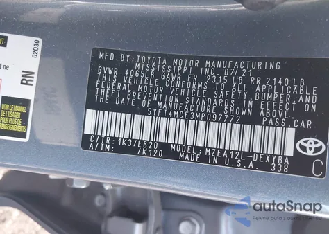 2021 Toyota Corolla Xse from USA, damaged, VIN 5YFT4MCE3MP097772